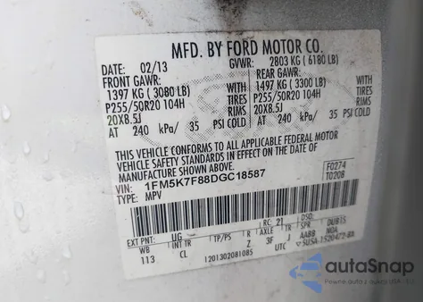 2013 Ford Explorer Limited z USA, uszkodzony, nr VIN 1FM5K7F88DGC18587